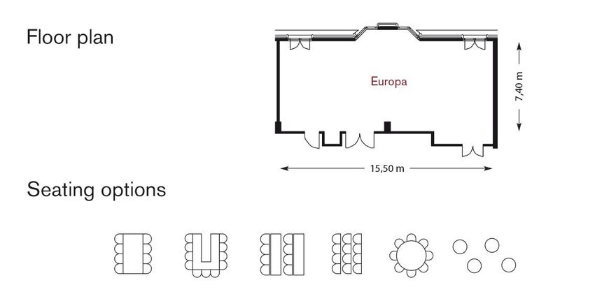 Grundriss des Konfereznsaals mit Sitzplanoptionen